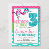 Invitation Pink Turquoise & Green Summer Owl 3rd Birthday (Devant)