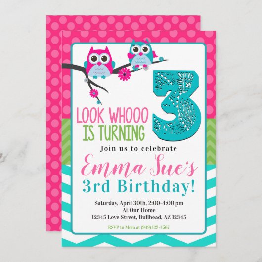 Invitation Pink Turquoise & Green Summer Owl 3rd Birthday (Devant / Derrière)