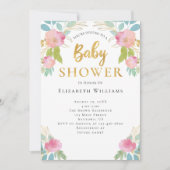 Invitation Pink Turquoise or Aquarelle Fleurs Baby shower fil (Devant)