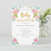 Invitation Pink Turquoise or Aquarelle Fleurs Baby shower fil (Debout devant)