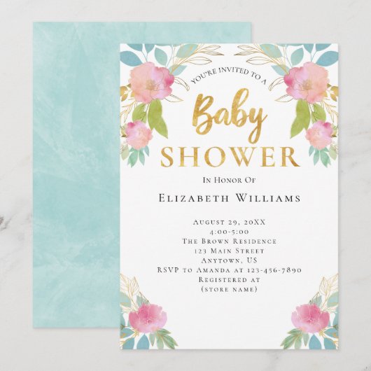 Invitation Pink Turquoise or Aquarelle Fleurs Baby shower fil (Devant / Derrière)