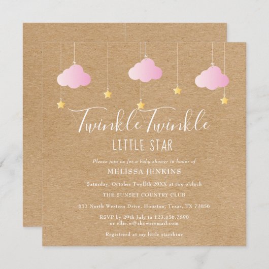 Invitation Pink Twinkle Twinkle Little Star Baby shower Boho (Devant / Derrière)