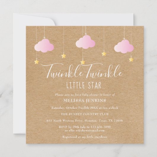 Invitation Pink Twinkle Twinkle Little Star Baby shower Boho (Devant)