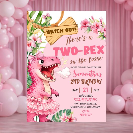 Invitation Pink Two Rex On The Loose Third Birthday