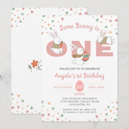 Invitation Pink Un lapin est un premier anniversaire de Pâque (Devant / Derrière)