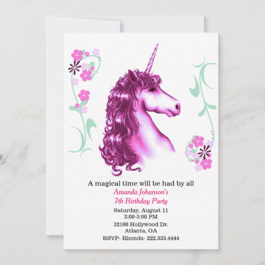 Invitation Pink Unicorn à la fête d'anniversaire (Devant)