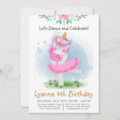 Invitation Pink Unicorn Ballerina Danse 4e fête d'anniversair (Devant)