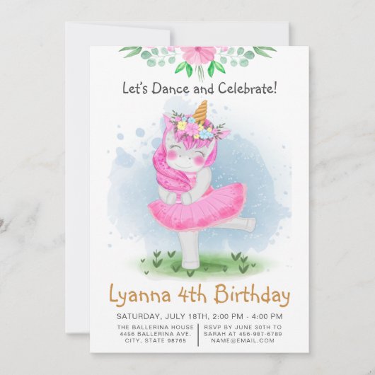 Invitation Pink Unicorn Ballerina Danse 4e fête d'anniversair (Devant)