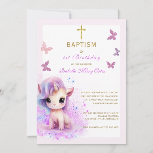Invitation Pink Unicorn Baptême premier anniversaire Invitati (Devant)