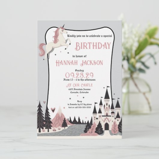 Invitation Pink Unicorn Castle fête d'anniversaire (Debout devant)