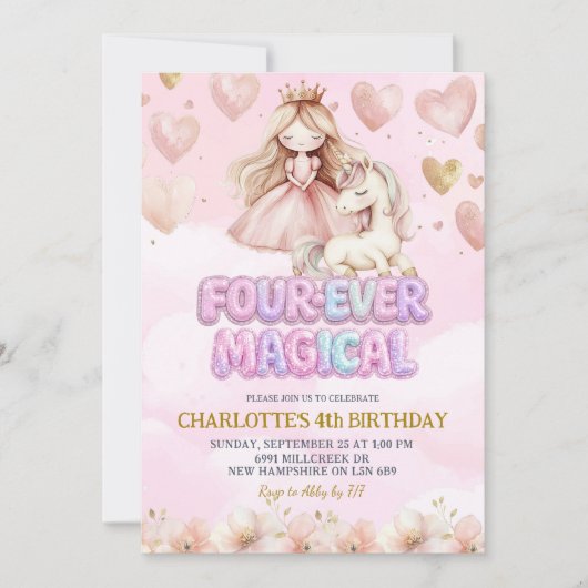 Invitation Pink Unicorn Four ever Magical Fourth Birthday (Devant)