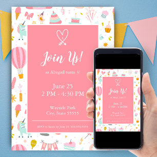 Invitation Pink Unicorn Parti Motif fille Anniversaire