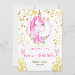 Invitation Pink Unicorn visage Gold Confetti Fille Anniversai
