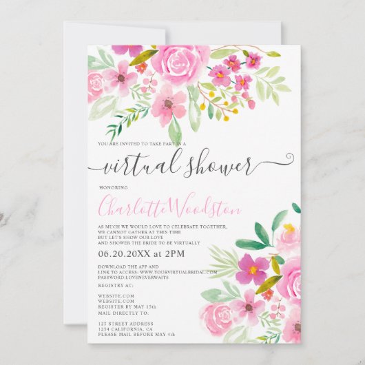Invitation Pink vert floral aquarelle script douche virtuelle (Devant)