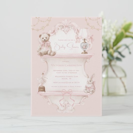 Invitation Pink Vintage Elegant Baby Shower (Debout devant)