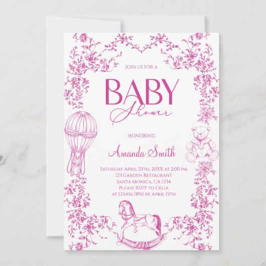 Invitation Pink Vintage Elegant Floral Baby Shower (Devant)
