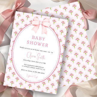 Invitation Pink Vintage Floral Bow Girl Baby Shower