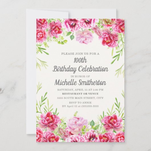 Invitation Pink Vintage Floral Greenery 100e anniversaire (Devant)