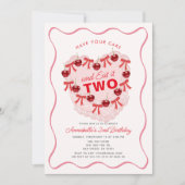 Invitation Pink Vintage Heart Cake Girl 2nd Birthday (Devant)