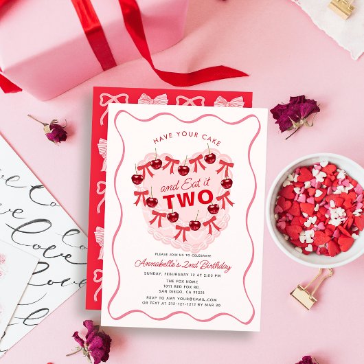 Invitation Pink Vintage Heart Cake Girl 2nd Birthday