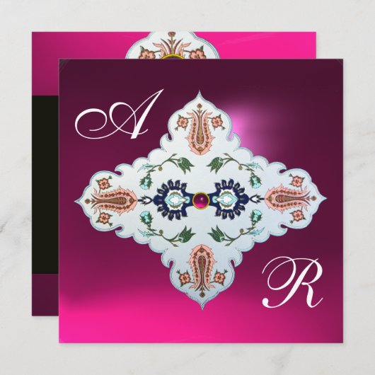 Invitation PINK VIOLET BLANC DAMAS MONOGRAMME Améthyste Fuchs (Devant / Derrière)