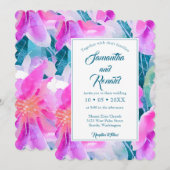 Invitation Pink violet et Turquoise aquarelle Mariage Floral (Devant / Derrière)