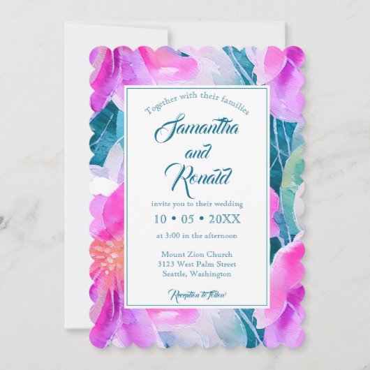 Invitation Pink violet et Turquoise aquarelle Mariage Floral (Devant)