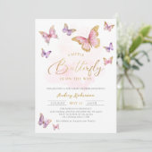 Invitation Pink violet or petit papillon Baby shower fille (Debout devant)