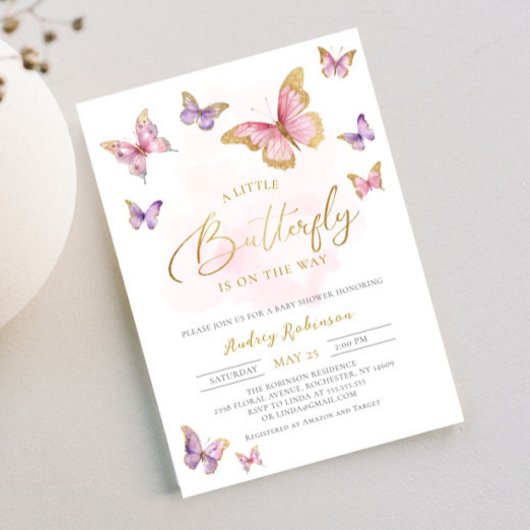 Invitation Pink violet or petit papillon Baby shower fille