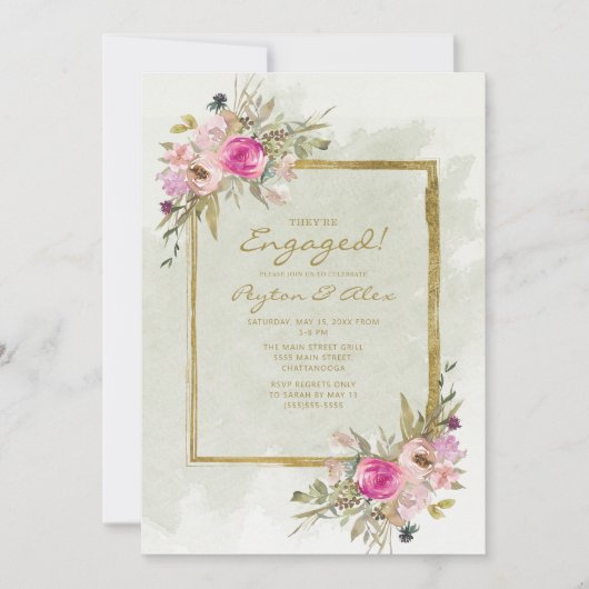 Invitation Pink violet Sage Vert Feuille Fiançailles or (Devant)