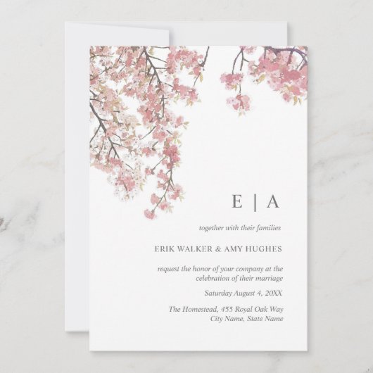 Invitation Pink water color cherry blossom wedation invitatio (Devant)