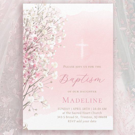 Invitation pink watercolor baby's breath | Baptism baby girl