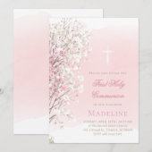 Invitation pink watercolor baby's breath | First Communion (Devant / Derrière)