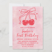 Invitation Pink Watercolor Bow Fruit Cherry First Birthday (Devant)