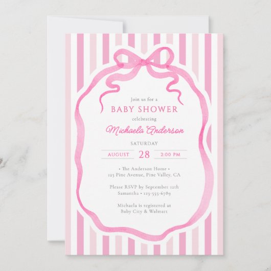 Invitation Pink Watercolor Bow & Stripes Baby Shower (Devant)