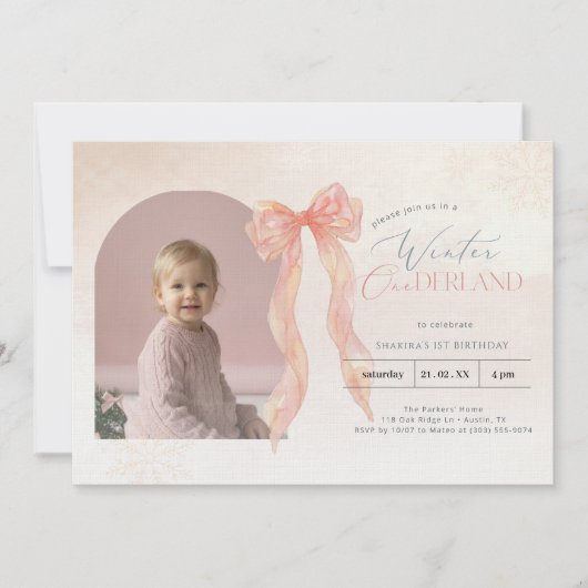 Invitation Pink Watercolor Bow Winter Onederland Arch Photo (Devant)