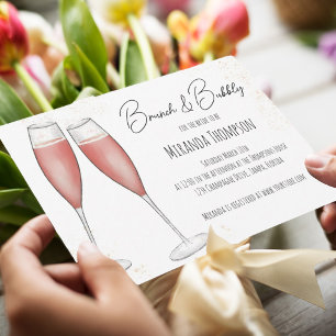 Invitation Pink Watercolor Brunch et Fête des mariées Bubbly