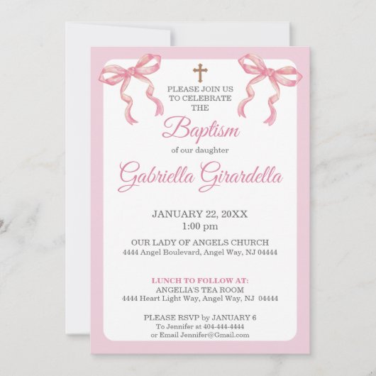 Invitation Pink Watercolor Double Bow & Cross Baptism (Devant)