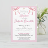 Invitation Pink Watercolor Double Bow & Cross Baptism (Debout devant)
