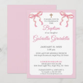 Invitation Pink Watercolor Double Bow & Cross Baptism (Devant / Derrière)