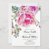 Invitation Pink watercolor fleurs script typographie mariage (Devant)
