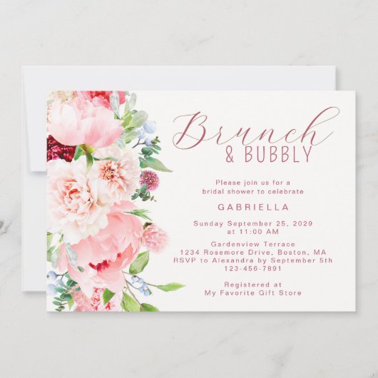Invitation Pink Watercolor Floral Bridal Brunch  (Devant)