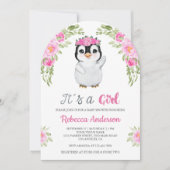 Invitation Pink Watercolor Floral Penguin Baby Shower (Devant)