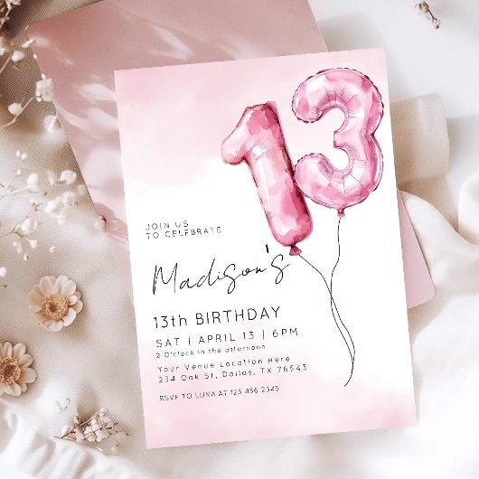 Invitation Pink Watercolor Foil Balloon 13th Birthday