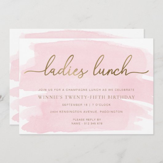 Invitation Pink Watercolor Gold Ladies Déjeuner (Devant / Derrière)