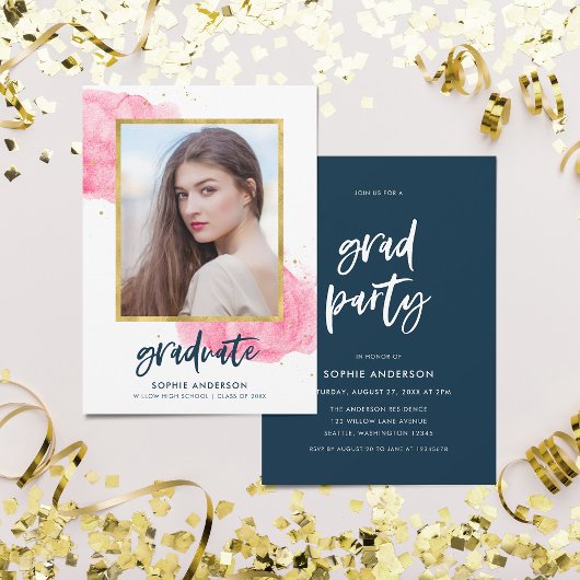 Invitation Pink Watercolor Gold Photo Graduate Party