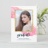 Invitation Pink Watercolor Gold Photo Graduate Party (Debout devant)