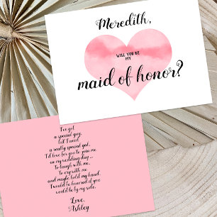 Invitation Pink Watercolor Heart Be My Maid of Honor Poem