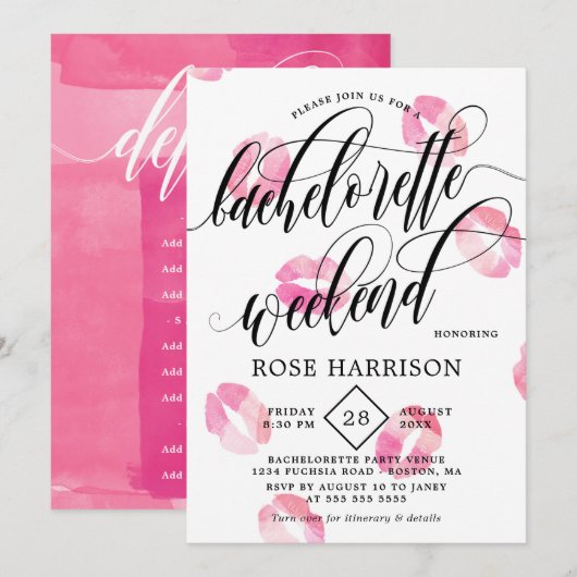 Invitation Pink Watercolor Kisses Bachelorette Week-end (Devant / Derrière)