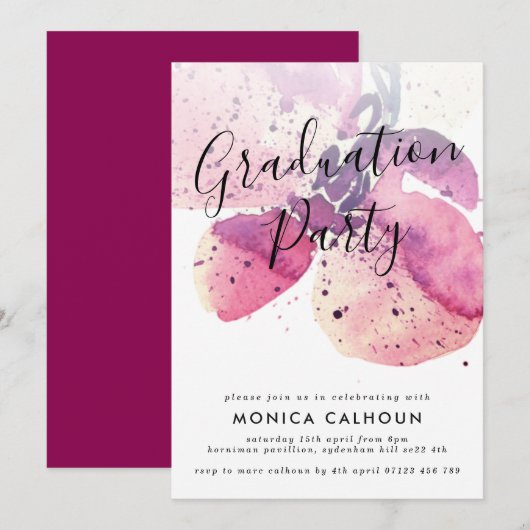 Invitation Pink Watercolor Orchid Graduation Party (Devant / Derrière)